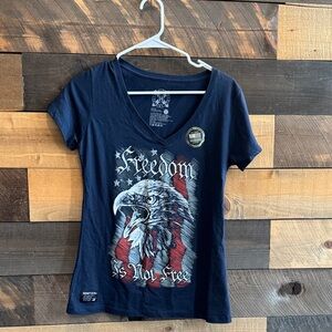 Women’s Navy V-Neck Graphic Tee with Eagle & Flag - Freedom
